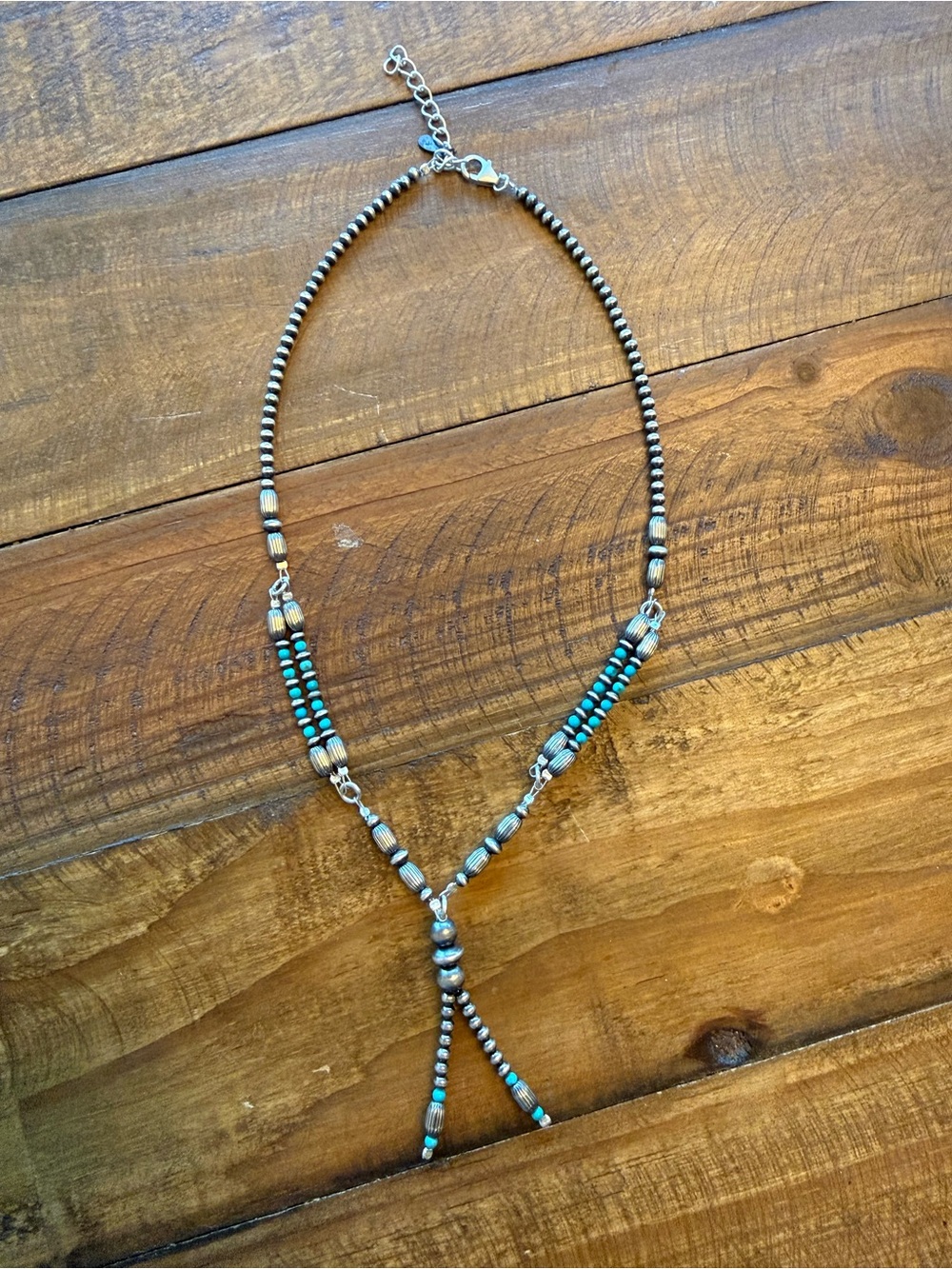 Handmade Sterling Silver Kingman Turquoise
Beaded Necklace "Signed Nizhoni"